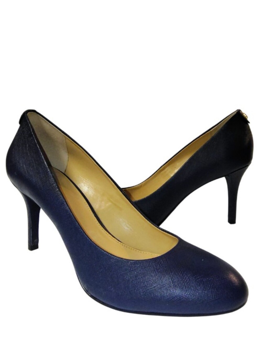 Michael Kors Flex Mid Pump Leather Almond Toe Slip-on Classic Heels Navy 9